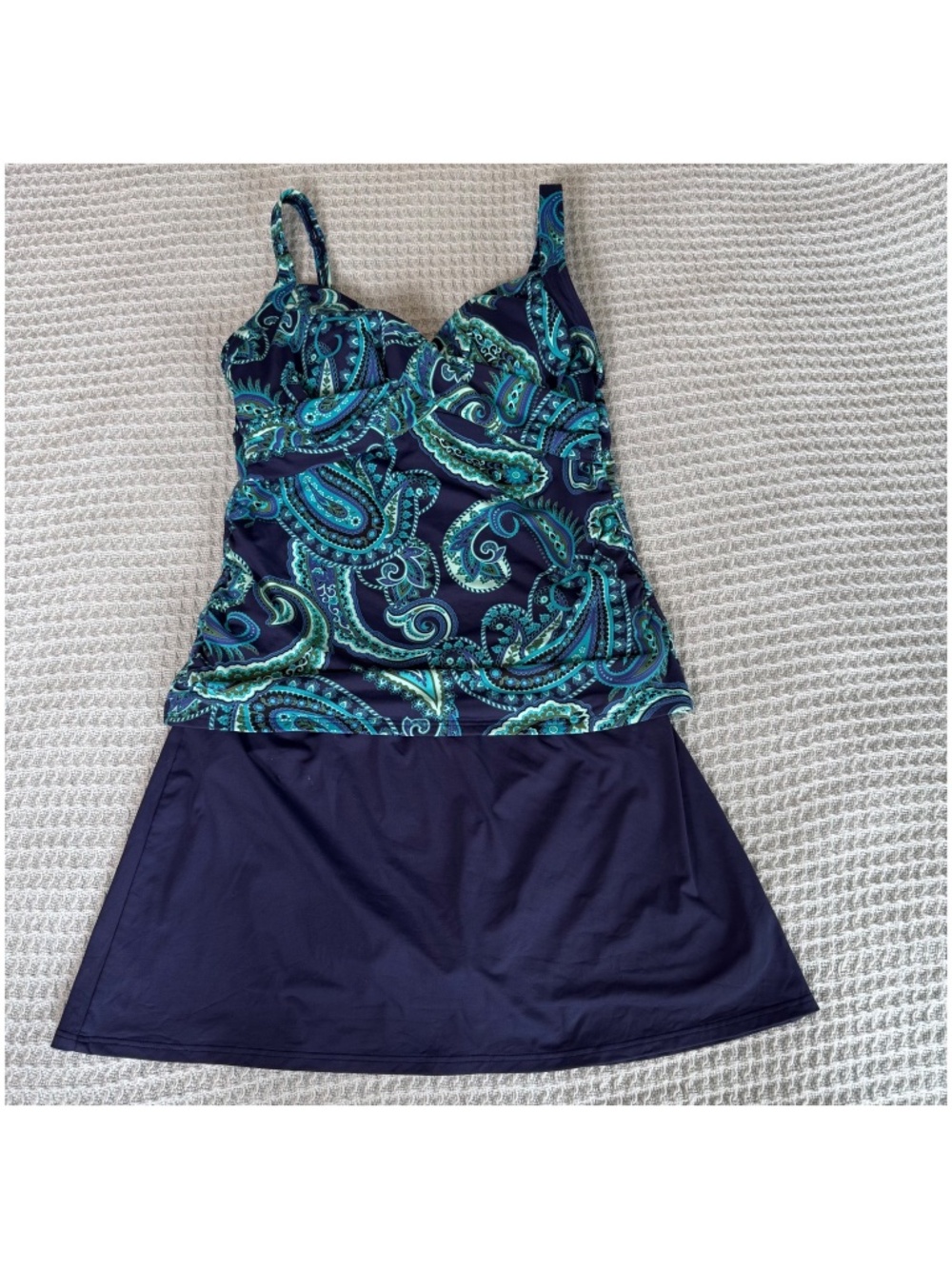 Lands End Tankini Swim Set Womens 8 Navy Blue Paisley Top Skirt Bottoms Swimsuit